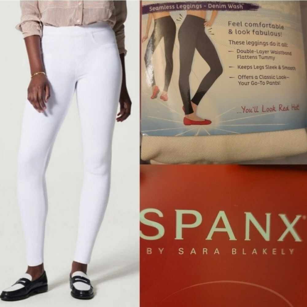 NEW L SPANX WHITE SLIMMING DENIM WASH LEGGINGS FLATTENS TUMMY LARGE NWT